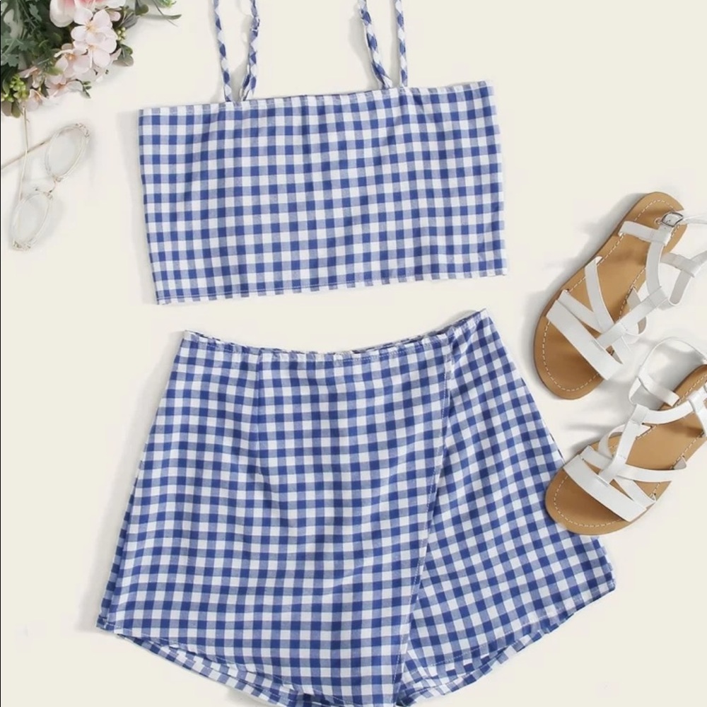 X donatex SHEIN tied back Buffalo plaid crop cami top&skort